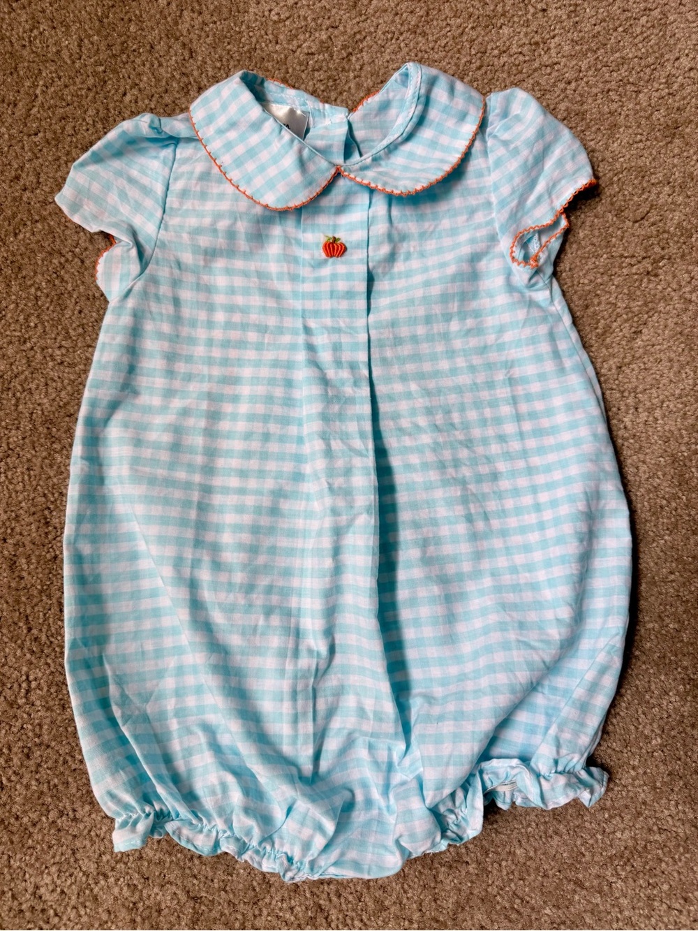 Baby Gingham Bubble Romper with Pumpkin Accent - Light Blue & White Size 24 mths